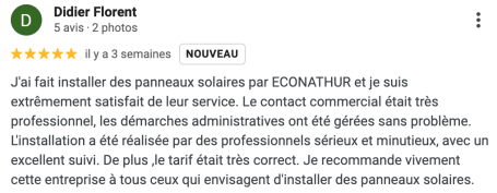 Avis positif d’un client satisfait du suivi, du professionnalisme et de l’installation photovoltaïque.