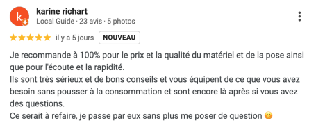 Avis positif d’une cliente soulignant le bon rapport qualité/prix, les conseils donnés et le sérieux de l’équipe Econathur.