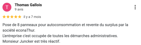 Avis positif d'un client sur la gestion des démarches administratives pour les panneaux solaires par l'entreprise Econathur.