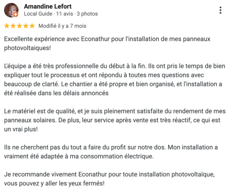 Avis positif d’une cliente satisfaite du professionnalisme, du matériel installé et du service après-vente de l'entreprise Econathur.